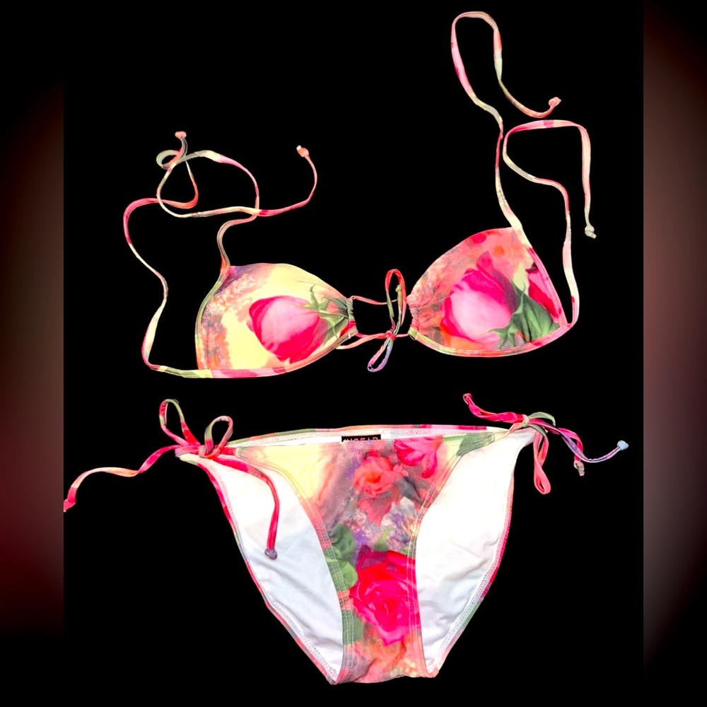Rose print built in push up top M tie swimsuit bikini bathing suit